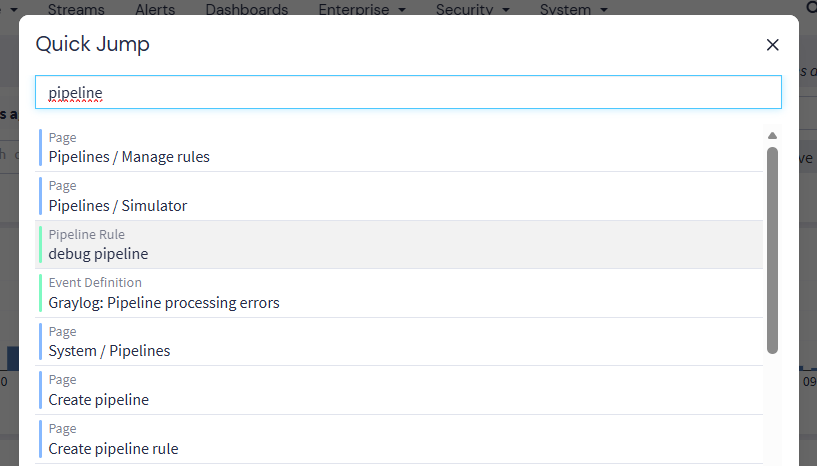 Quick Jump search results