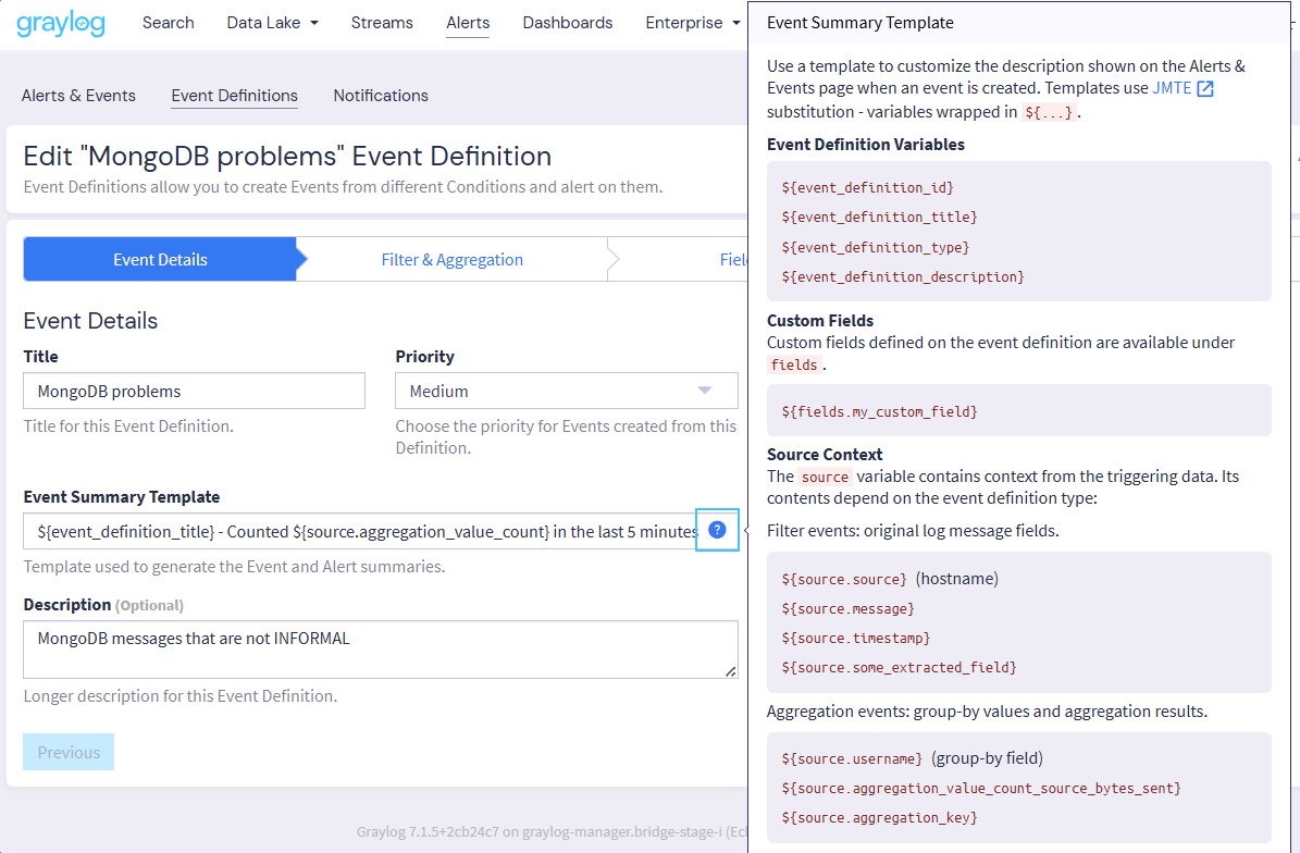 Configuring an event summary template